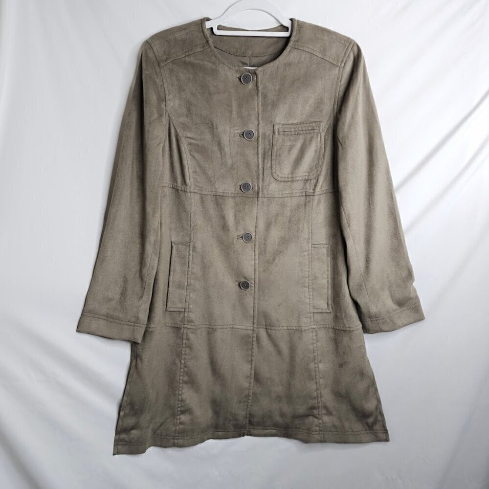 J Jill Faux Suede Jacket size XS GRAY BEIGE TAUPE Preppy Long Shacket Shirt Chic - Picture 2 of 6